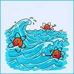 Comic style image showing atoms swimming.